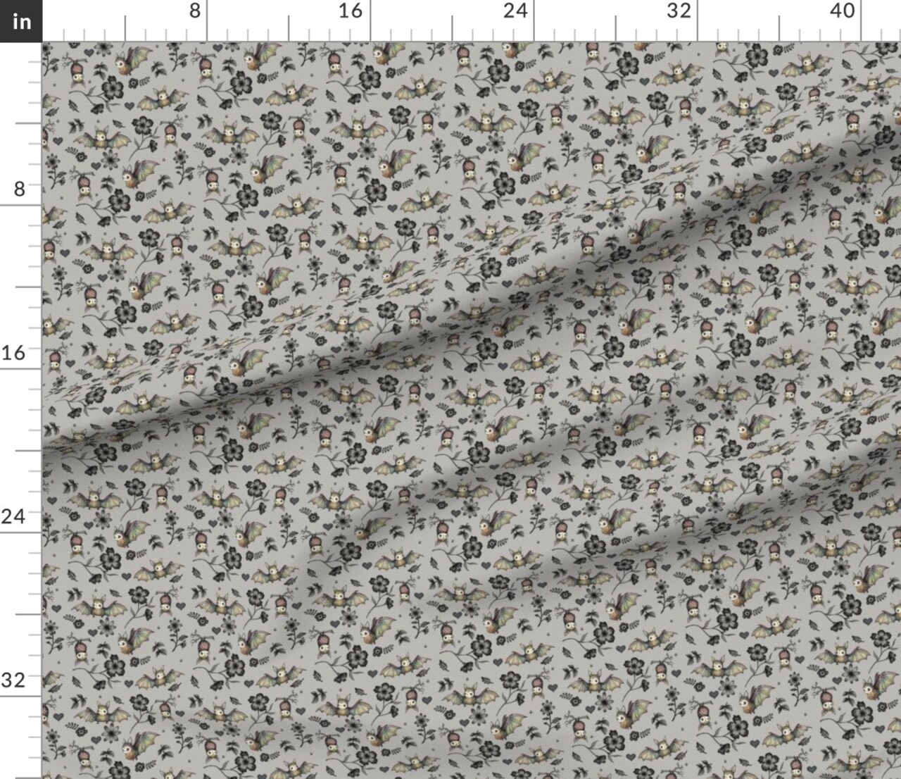 Various Fabrics by the Yard or Fat Quarter Bats And Flowers Gray Floral Halloween Spooky Hearts Novelty October Autumn Custom Printed Fabric by Spoonflower